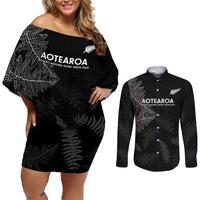 New Zealand Haka Rugby Couples Matching Off Shoulder Short Dress and Long Sleeve Button Shirt 2024 Pacific Go Black Silver Fern LT14 Black - Polynesian Pride