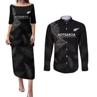 New Zealand Haka Rugby Couples Matching Puletasi and Long Sleeve Button Shirt 2024 Pacific Go Black Silver Fern LT14 Black - Polynesian Pride