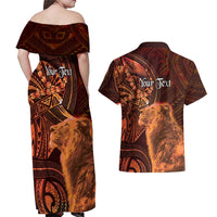 Personalised Polynesia Zodiac Leo Couples Matching Off Shoulder Maxi Dress and Hawaiian Shirt Galaxy Polynesian Pattern Chest Tattoo Style