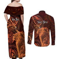Personalised Polynesia Zodiac Leo Couples Matching Off Shoulder Maxi Dress and Long Sleeve Button Shirt Galaxy Polynesian Pattern Chest Tattoo Style