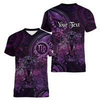Personalised Polynesia Zodiac Virgo Women V-Neck T-Shirt Galaxy Polynesian Pattern Chest Tattoo Style