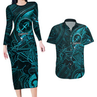 Personalised Polynesia Zodiac Sagittarius Couples Matching Long Sleeve Bodycon Dress and Hawaiian Shirt Galaxy Polynesian Pattern Chest Tattoo Style