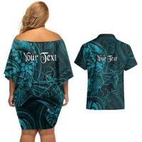 Personalised Polynesia Zodiac Sagittarius Couples Matching Off Shoulder Short Dress and Hawaiian Shirt Galaxy Polynesian Pattern Chest Tattoo Style