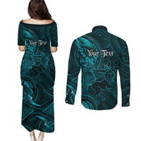 Personalised Polynesia Zodiac Sagittarius Couples Matching Puletasi and Long Sleeve Button Shirt Galaxy Polynesian Pattern Chest Tattoo Style