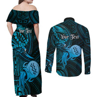 Personalised Polynesia Zodiac Aquarius Couples Matching Off Shoulder Maxi Dress and Long Sleeve Button Shirt Galaxy Polynesian Pattern Chest Tattoo Style