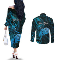 Personalised Polynesia Zodiac Aquarius Couples Matching Off The Shoulder Long Sleeve Dress and Long Sleeve Button Shirt Galaxy Polynesian Pattern Chest Tattoo Style LT14 - Polynesian Pride