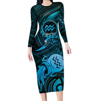 Personalised Polynesia Zodiac Aquarius Family Matching Long Sleeve Bodycon Dress and Hawaiian Shirt Galaxy Polynesian Pattern Chest Tattoo Style