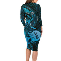 Personalised Polynesia Zodiac Aquarius Family Matching Long Sleeve Bodycon Dress and Hawaiian Shirt Galaxy Polynesian Pattern Chest Tattoo Style