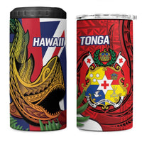 Hawaii And Tonga 4 in 1 Can Cooler Tumbler Shark Tattoo With Tongan Coat Of Arms