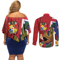 Hawaii And Tonga Couples Matching Off Shoulder Short Dress and Long Sleeve Button Shirt Shark Tattoo With Tongan Coat Of Arms