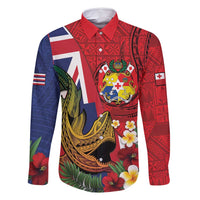 Hawaii And Tonga Family Matching Long Sleeve Bodycon Dress and Hawaiian Shirt Shark Tattoo With Tongan Coat Of Arms