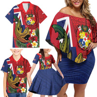 Hawaii And Tonga Family Matching Off Shoulder Short Dress and Hawaiian Shirt Shark Tattoo With Tongan Coat Of Arms