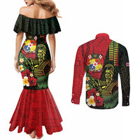 Hawaii And Tonga Couples Matching Mermaid Dress and Long Sleeve Button Shirt King Kamehameha Tribal Ngatu Pattern