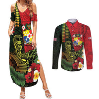 Hawaii And Tonga Couples Matching Summer Maxi Dress and Long Sleeve Button Shirt King Kamehameha Tribal Ngatu Pattern