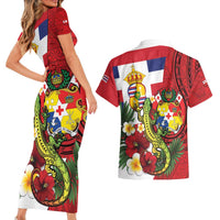 Hawaii And Tonga Couples Matching Short Sleeve Bodycon Dress and Hawaiian Shirt King Kalakaua Tribal Gecko Tongan Ngatu