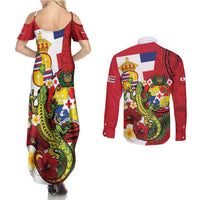 Hawaii And Tonga Couples Matching Summer Maxi Dress and Long Sleeve Button Shirt King Kalakaua Tribal Gecko Tongan Ngatu