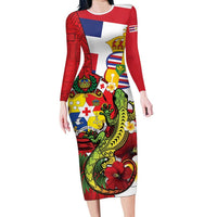 Hawaii And Tonga Family Matching Long Sleeve Bodycon Dress and Hawaiian Shirt King Kalakaua Tribal Gecko Tongan Ngatu LT14 Mom's Dress Red - Polynesian Pride