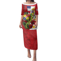 Hawaii And Tonga Family Matching Puletasi and Hawaiian Shirt King Kalakaua Tribal Gecko Tongan Ngatu LT14 Mom's Dress Red - Polynesian Pride