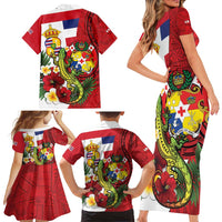 Hawaii And Tonga Family Matching Short Sleeve Bodycon Dress and Hawaiian Shirt King Kalakaua Tribal Gecko Tongan Ngatu LT14 - Polynesian Pride