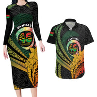Personalised Vanuatu Independence Day Couples Matching Long Sleeve Bodycon Dress and Hawaiian Shirt July 30 Pig Tusk Long God Yumi Stanap LT14 Black - Polynesian Pride