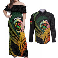 Personalised Vanuatu Independence Day Couples Matching Off Shoulder Maxi Dress and Long Sleeve Button Shirt July 30 Pig Tusk Long God Yumi Stanap LT14 Black - Polynesian Pride