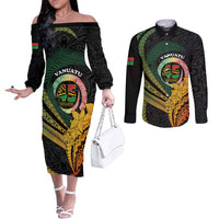 Personalised Vanuatu Independence Day Couples Matching Off The Shoulder Long Sleeve Dress and Long Sleeve Button Shirt July 30 Pig Tusk Long God Yumi Stanap LT14 Black - Polynesian Pride