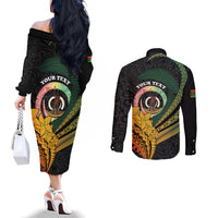 Personalised Vanuatu Independence Day Couples Matching Off The Shoulder Long Sleeve Dress and Long Sleeve Button Shirt July 30 Pig Tusk Long God Yumi Stanap LT14 - Polynesian Pride