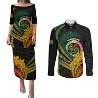Personalised Vanuatu Independence Day Couples Matching Puletasi and Long Sleeve Button Shirt July 30 Pig Tusk Long God Yumi Stanap LT14 Black - Polynesian Pride