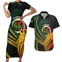 Personalised Vanuatu Independence Day Couples Matching Short Sleeve Bodycon Dress and Hawaiian Shirt July 30 Pig Tusk Long God Yumi Stanap LT14 Black - Polynesian Pride