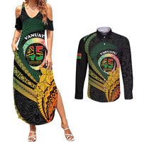 Personalised Vanuatu Independence Day Couples Matching Summer Maxi Dress and Long Sleeve Button Shirt July 30 Pig Tusk Long God Yumi Stanap LT14 Black - Polynesian Pride
