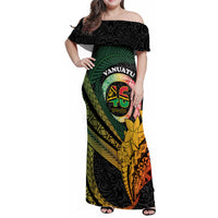 Personalised Vanuatu Independence Day Family Matching Off Shoulder Maxi Dress and Hawaiian Shirt July 30 Pig Tusk Long God Yumi Stanap LT14 Mom's Dress Black - Polynesian Pride
