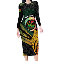 Personalised Vanuatu Independence Day Long Sleeve Bodycon Dress July 30 Pig Tusk Long God Yumi Stanap LT14 Long Dress Black - Polynesian Pride
