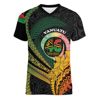 Personalised Vanuatu Independence Day Women V-Neck T-Shirt July 30 Pig Tusk Long God Yumi Stanap LT14 Female Black - Polynesian Pride