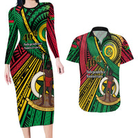 Halo Vanuatu Couples Matching Long Sleeve Bodycon Dress and Hawaiian Shirt Happy 46th Independence Anniversary LT14 Black - Polynesian Pride