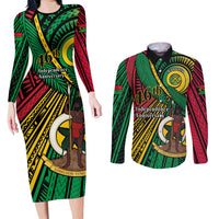 Halo Vanuatu Couples Matching Long Sleeve Bodycon Dress and Long Sleeve Button Shirt Happy 46th Independence Anniversary LT14 Black - Polynesian Pride
