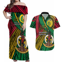Halo Vanuatu Couples Matching Off Shoulder Maxi Dress and Hawaiian Shirt Happy 46th Independence Anniversary LT14 Black - Polynesian Pride