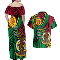 Halo Vanuatu Couples Matching Off Shoulder Maxi Dress and Hawaiian Shirt Happy 46th Independence Anniversary LT14 - Polynesian Pride