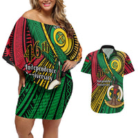Halo Vanuatu Couples Matching Off Shoulder Short Dress and Hawaiian Shirt Happy 46th Independence Anniversary LT14 Black - Polynesian Pride