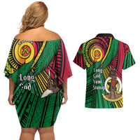 Halo Vanuatu Couples Matching Off Shoulder Short Dress and Hawaiian Shirt Happy 46th Independence Anniversary LT14 - Polynesian Pride