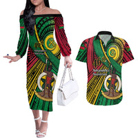 Halo Vanuatu Couples Matching Off The Shoulder Long Sleeve Dress and Hawaiian Shirt Happy 45th Independence Anniversary LT14 Black - Polynesian Pride