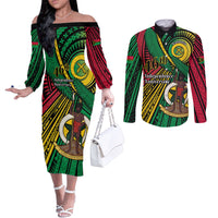 Halo Vanuatu Couples Matching Off The Shoulder Long Sleeve Dress and Long Sleeve Button Shirt Happy 46th Independence Anniversary LT14 Black - Polynesian Pride