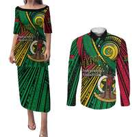 Halo Vanuatu Couples Matching Puletasi and Long Sleeve Button Shirt Happy 45th Independence Anniversary