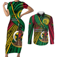 Halo Vanuatu Couples Matching Short Sleeve Bodycon Dress and Long Sleeve Button Shirt Happy 46th Independence Anniversary LT14 Black - Polynesian Pride