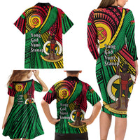 Halo Vanuatu Family Matching Long Sleeve Bodycon Dress and Hawaiian Shirt Happy 46th Independence Anniversary LT14 - Polynesian Pride