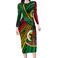 Halo Vanuatu Family Matching Long Sleeve Bodycon Dress and Hawaiian Shirt Happy 46th Independence Anniversary LT14 Mom's Dress Black - Polynesian Pride
