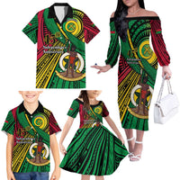 Halo Vanuatu Family Matching Off The Shoulder Long Sleeve Dress and Hawaiian Shirt Happy 45th Independence Anniversary LT14 - Polynesian Pride