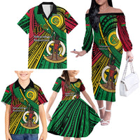 Halo Vanuatu Family Matching Off The Shoulder Long Sleeve Dress and Hawaiian Shirt Happy 46th Independence Anniversary LT14 - Polynesian Pride