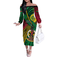 Halo Vanuatu Family Matching Off The Shoulder Long Sleeve Dress and Hawaiian Shirt Happy 46th Independence Anniversary LT14 Mom's Dress Black - Polynesian Pride