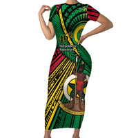 Halo Vanuatu Family Matching Short Sleeve Bodycon Dress and Hawaiian Shirt Happy 46th Independence Anniversary LT14 Mom's Dress Black - Polynesian Pride