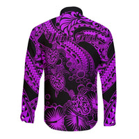 Personalised Polynesian Long Sleeve Button Shirt Tribal Honu Turtle with Hibiscus Purple Version LT14 - Polynesian Pride